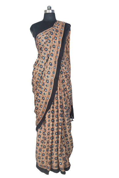Ajrakh Modal Silk Natural Dye Three Colour Full Printed ( 3 Kam ) Hand Block Print Saree Mirror Work - With Blouse Piece - 5.5 Mtr Length   -  SKU : MS14801C