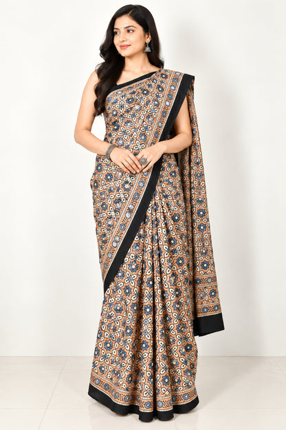 Ajrakh Modal Silk Natural Dye Three Colour Full Printed ( 3 Kam ) Hand Block Print Saree Mirror Work - With Blouse Piece - 5.5 Mtr Length   -  SKU : MS14801C
