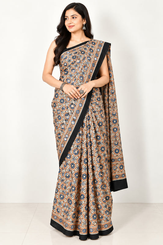 Ajrakh Modal Silk Natural Dye Three Colour Full Printed ( 3 Kam ) Hand Block Print Saree Mirror Work - With Blouse Piece - 5.5 Mtr Length   -  SKU : MS14801C
