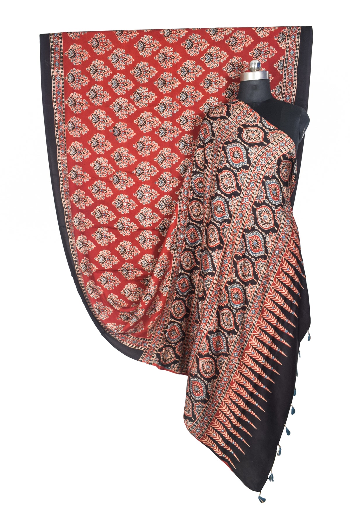 Ajrakh Modal Silk Natural Dye Three Colour Full Printed ( 3 Kam ) Hand Block Print Saree Mirror Work - With Blouse Piece - 5.5 Mtr Length   -  SKU : MS14801B