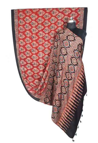 Ajrakh Modal Silk Natural Dye Three Colour Full Printed ( 3 Kam ) Hand Block Print Saree Mirror Work - With Blouse Piece - 5.5 Mtr Length   -  SKU : MS14801B