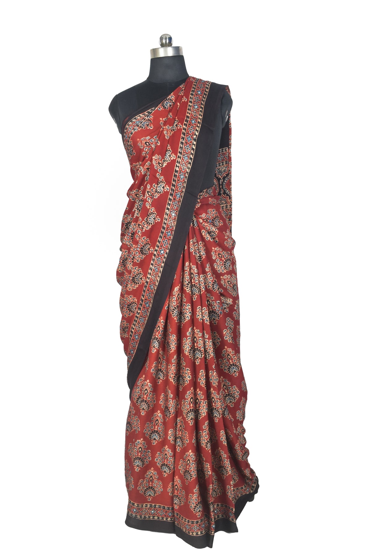 Ajrakh Modal Silk Natural Dye Three Colour Full Printed ( 3 Kam ) Hand Block Print Saree Mirror Work - With Blouse Piece - 5.5 Mtr Length   -  SKU : MS14801B