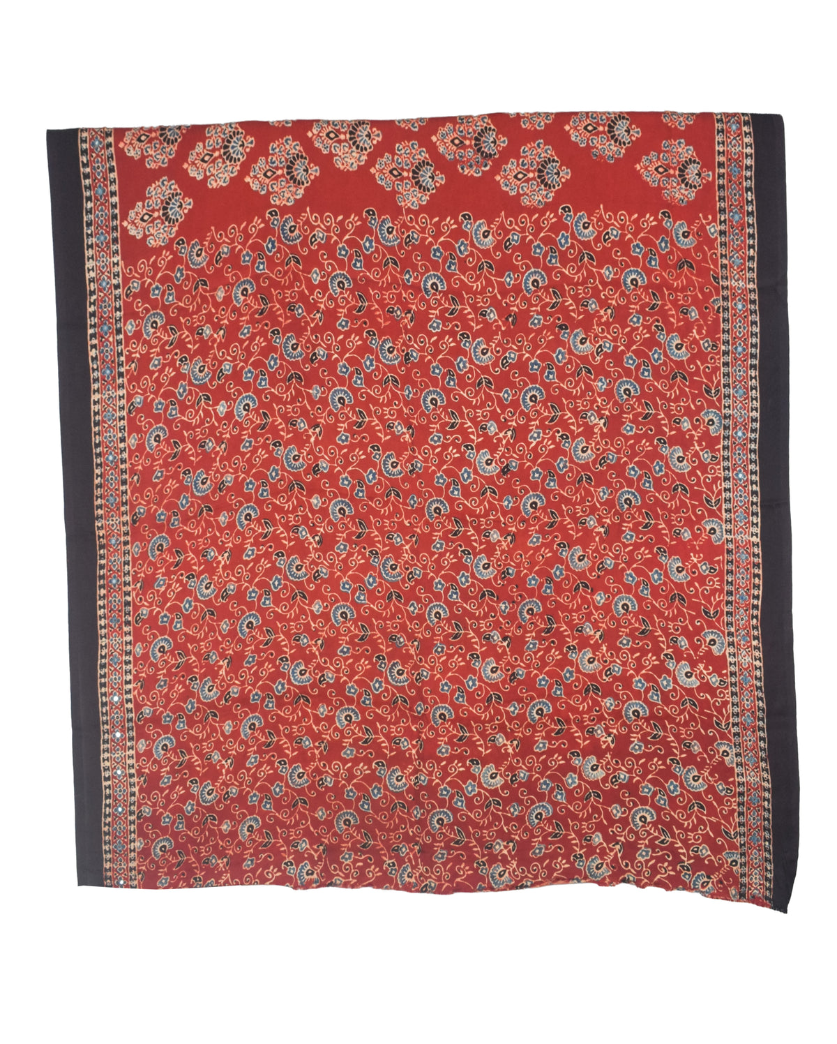Ajrakh Modal Silk Natural Dye Three Colour Full Printed ( 3 Kam ) Hand Block Print Saree Mirror Work - With Blouse Piece - 5.5 Mtr Length   -  SKU : MS14801B