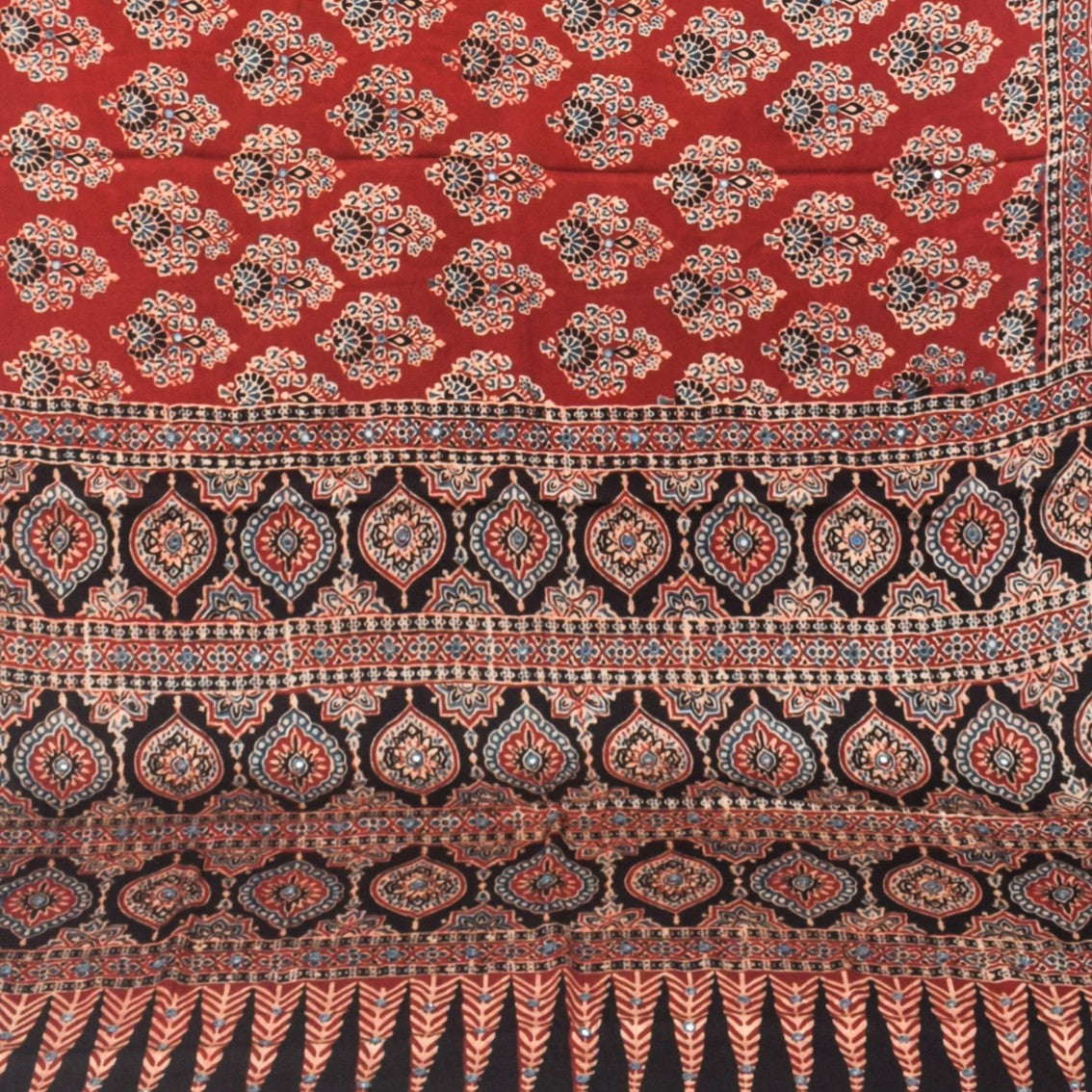 Ajrakh Modal Silk Natural Dye Three Colour Full Printed ( 3 Kam ) Hand Block Print Saree Mirror Work - With Blouse Piece - 5.5 Mtr Length   -  SKU : MS14801B