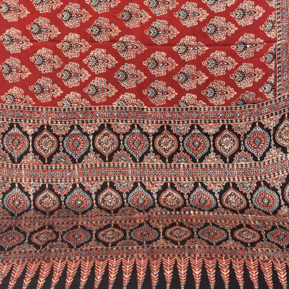 Ajrakh Modal Silk Natural Dye Three Colour Full Printed ( 3 Kam ) Hand Block Print Saree Mirror Work - With Blouse Piece - 5.5 Mtr Length   -  SKU : MS14801B