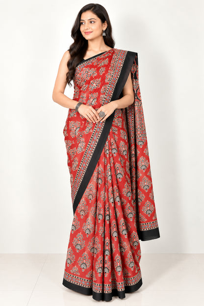 Ajrakh Modal Silk Natural Dye Three Colour Full Printed ( 3 Kam ) Hand Block Print Saree Mirror Work - With Blouse Piece - 5.5 Mtr Length   -  SKU : MS14801B