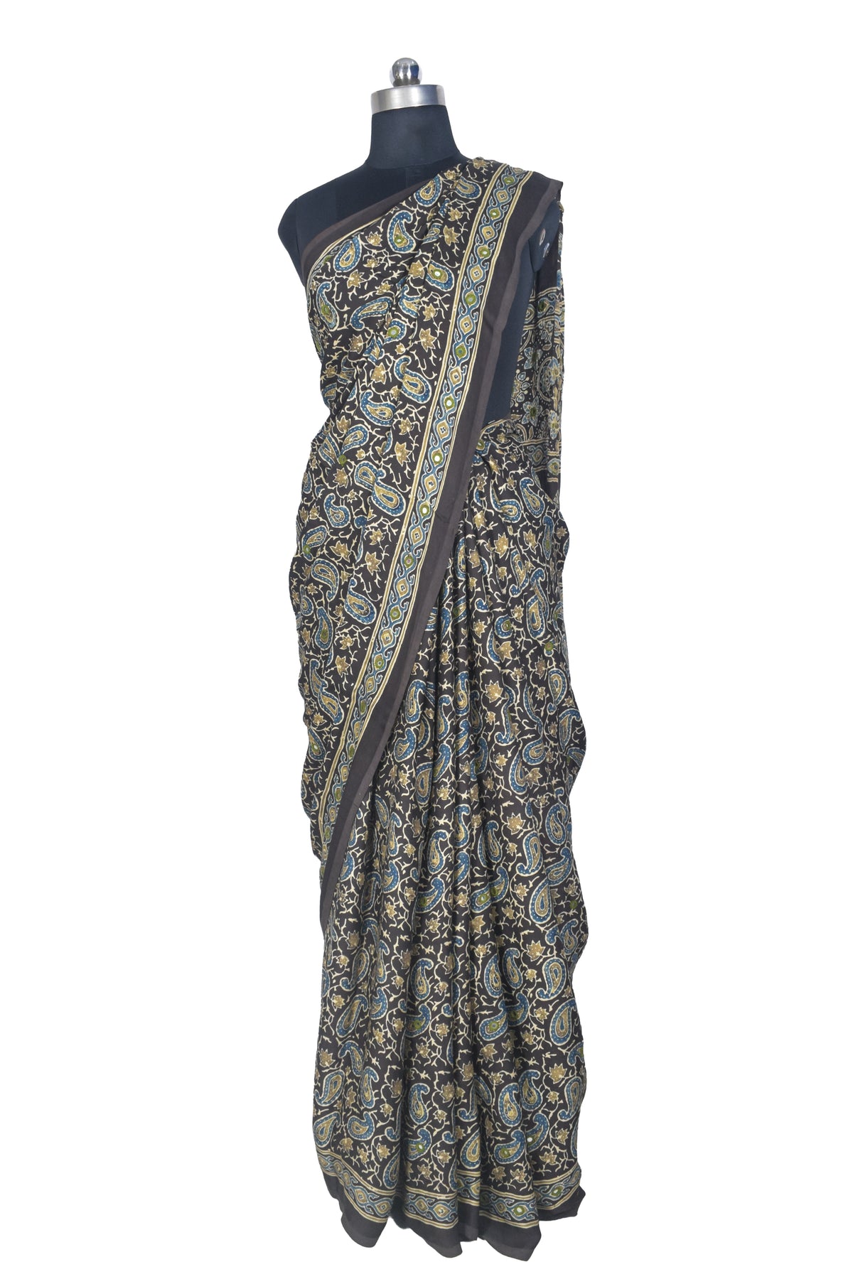 Ajrakh Modal Silk Natural Dye Three Colour Full Printed ( 3 Kam ) Hand Block Print Saree Mirror Work - With Blouse Piece - 5.5 Mtr Length   -  SKU : MS14801D