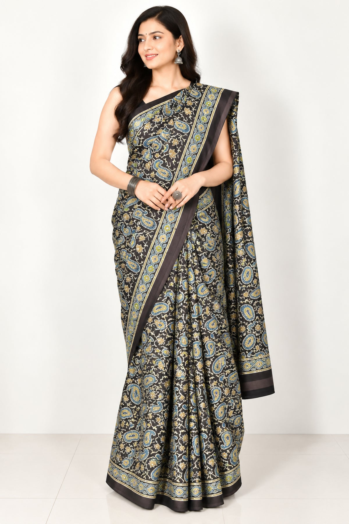 Ajrakh Modal Silk Natural Dye Three Colour Full Printed ( 3 Kam ) Hand Block Print Saree Mirror Work - With Blouse Piece - 5.5 Mtr Length   -  SKU : MS14801D