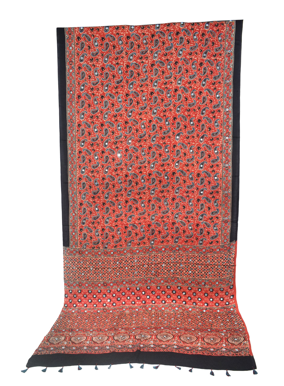 Ajrakh Modal Silk Natural Dye Three Colour Full Printed ( 3 Kam ) Hand Block Print Saree Mirror Work - With Blouse Piece - 5.5 Mtr Length   -  SKU : MS14801A