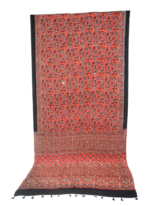 Ajrakh Modal Silk Natural Dye Three Colour Full Printed ( 3 Kam ) Hand Block Print Saree Mirror Work - With Blouse Piece - 5.5 Mtr Length   -  SKU : MS14801A