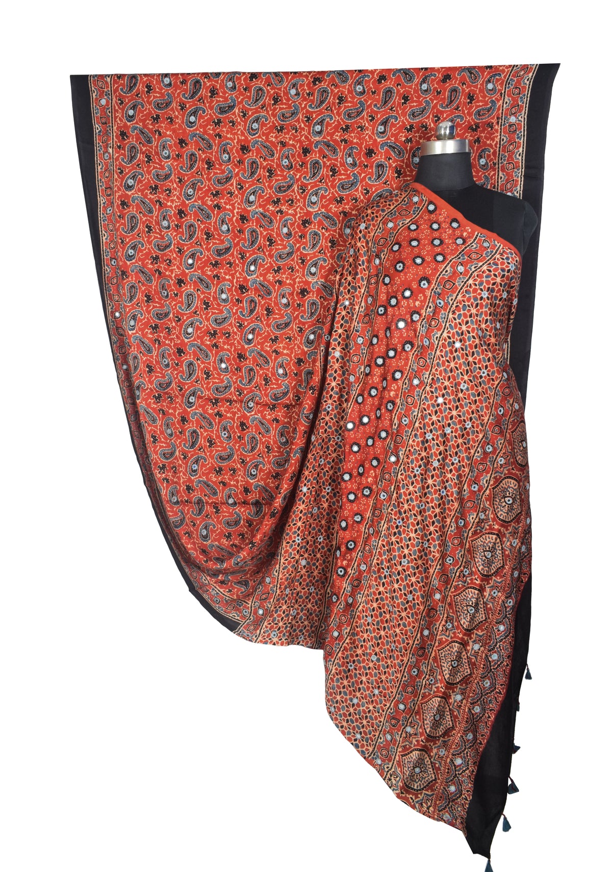 Ajrakh Modal Silk Natural Dye Three Colour Full Printed ( 3 Kam ) Hand Block Print Saree Mirror Work - With Blouse Piece - 5.5 Mtr Length   -  SKU : MS14801A