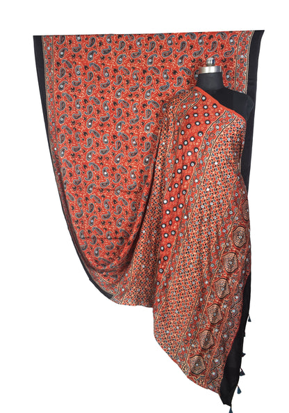 Ajrakh Modal Silk Natural Dye Three Colour Full Printed ( 3 Kam ) Hand Block Print Saree Mirror Work - With Blouse Piece - 5.5 Mtr Length   -  SKU : MS14801A