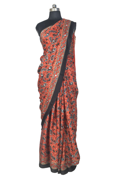 Ajrakh Modal Silk Natural Dye Three Colour Full Printed ( 3 Kam ) Hand Block Print Saree Mirror Work - With Blouse Piece - 5.5 Mtr Length   -  SKU : MS14801A