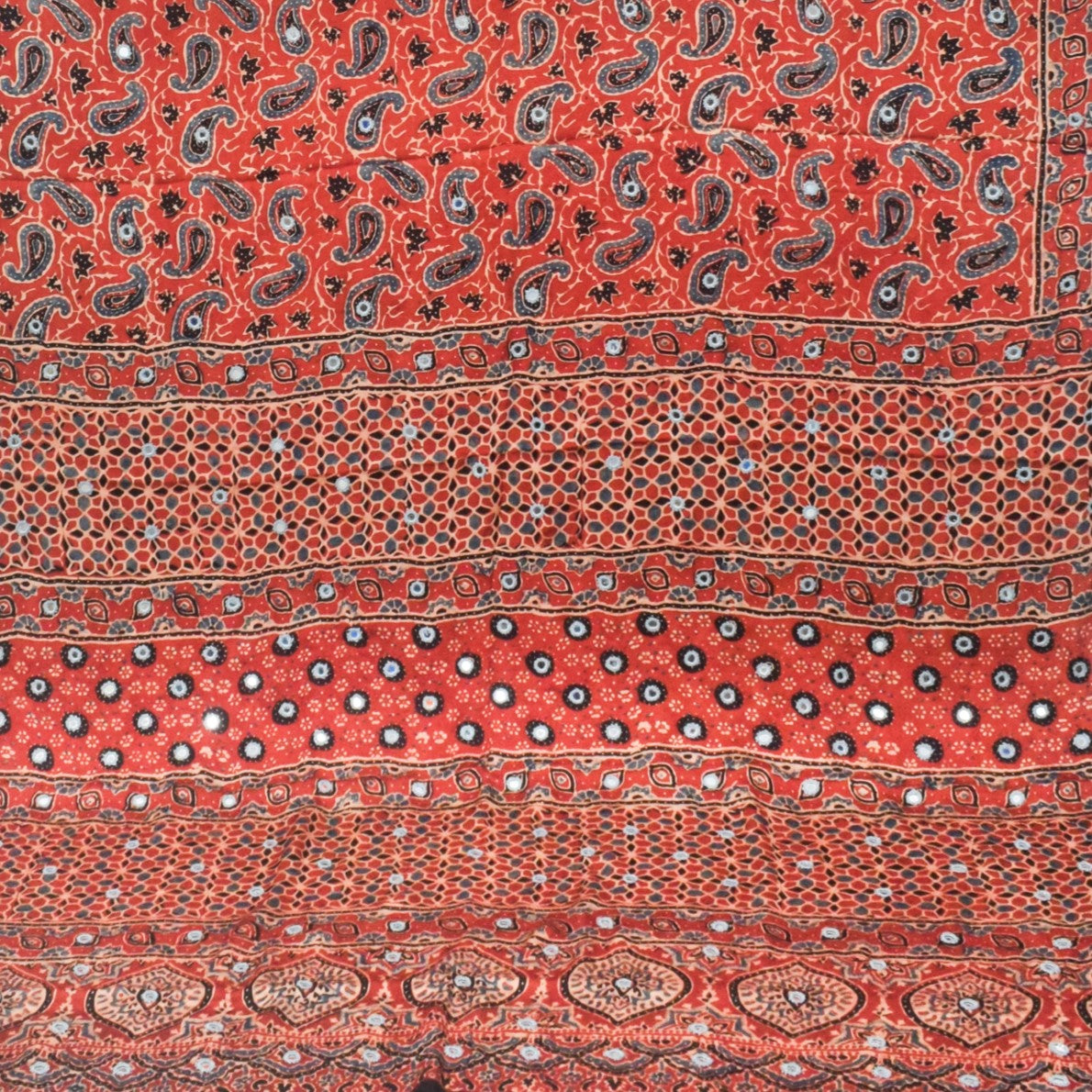 Ajrakh Modal Silk Natural Dye Three Colour Full Printed ( 3 Kam ) Hand Block Print Saree Mirror Work - With Blouse Piece - 5.5 Mtr Length   -  SKU : MS14801A