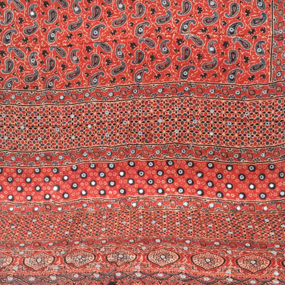 Ajrakh Modal Silk Natural Dye Three Colour Full Printed ( 3 Kam ) Hand Block Print Saree Mirror Work - With Blouse Piece - 5.5 Mtr Length   -  SKU : MS14801A