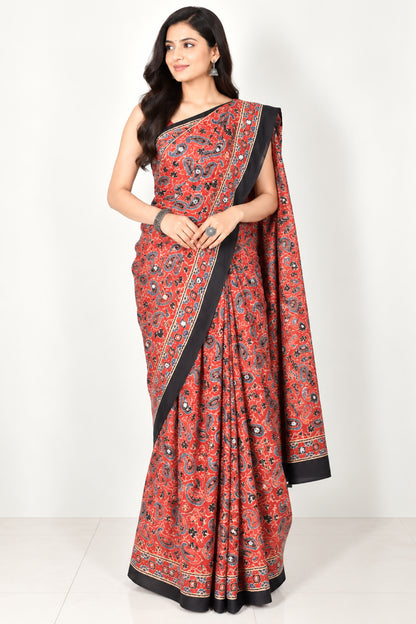 Ajrakh Modal Silk Natural Dye Three Colour Full Printed ( 3 Kam ) Hand Block Print Saree Mirror Work - With Blouse Piece - 5.5 Mtr Length   -  SKU : MS14801A