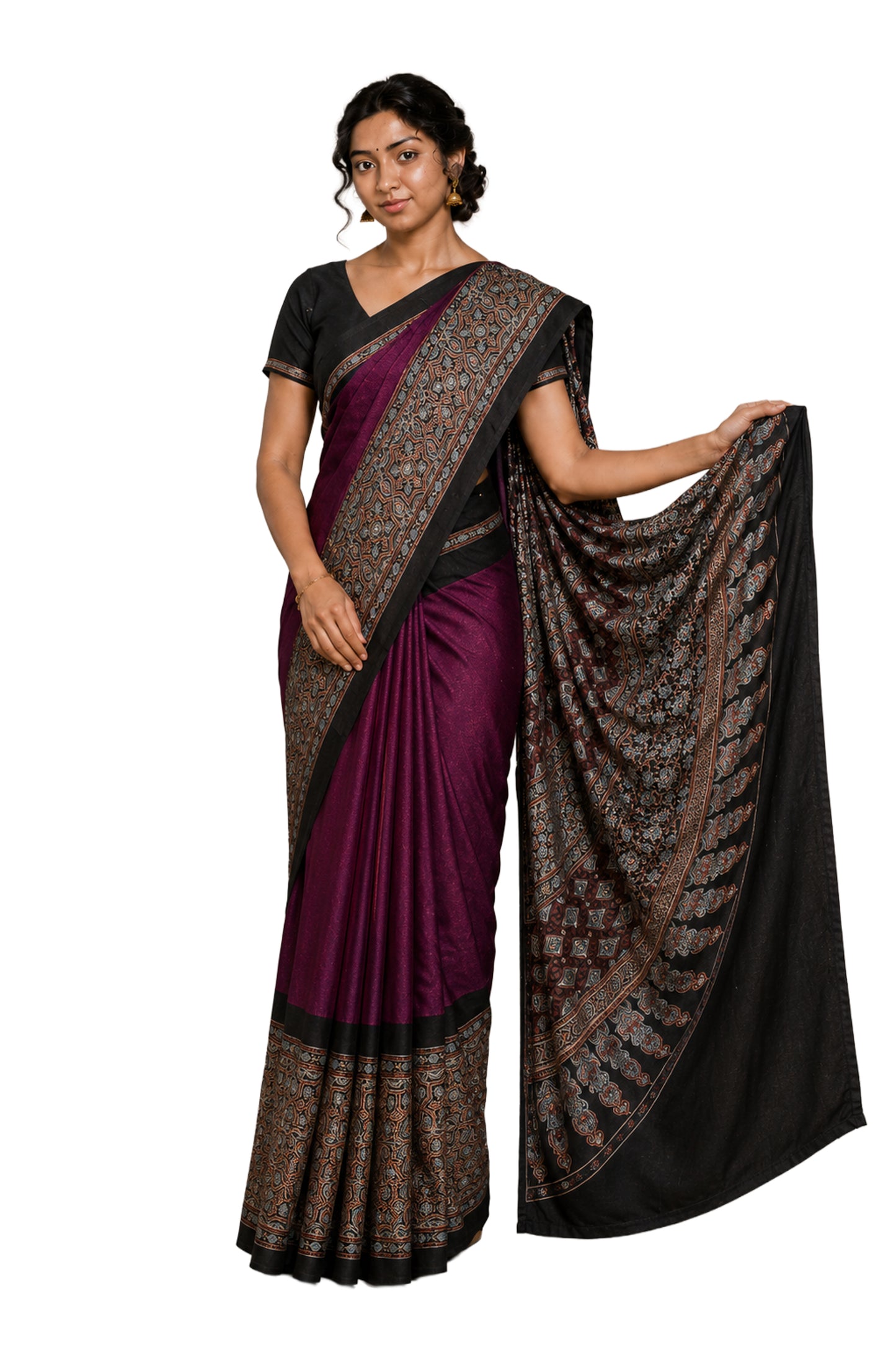 Ajrakh Modal Silk Part Natural Dye Half Plain Hand Block Print Saree with Blouse Piece     -  SKU : 0047