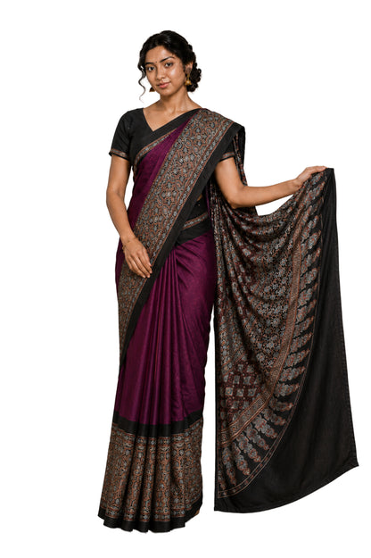 Ajrakh Modal Silk Part Natural Dye Half Plain Hand Block Print Saree with Blouse Piece     -  SKU : 0047