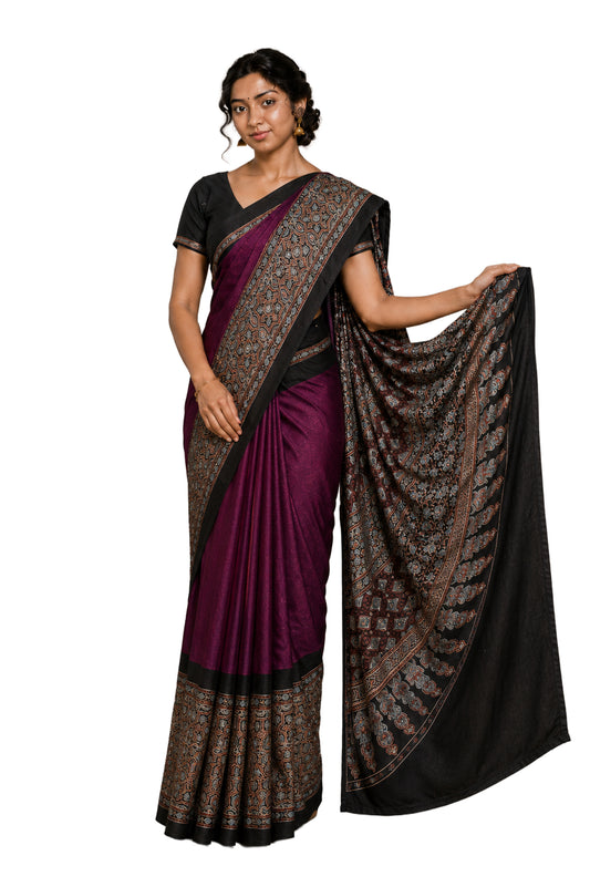 Ajrakh Modal Silk Part Natural Dye Half Plain Hand Block Print Saree with Blouse Piece     -  SKU : 0047