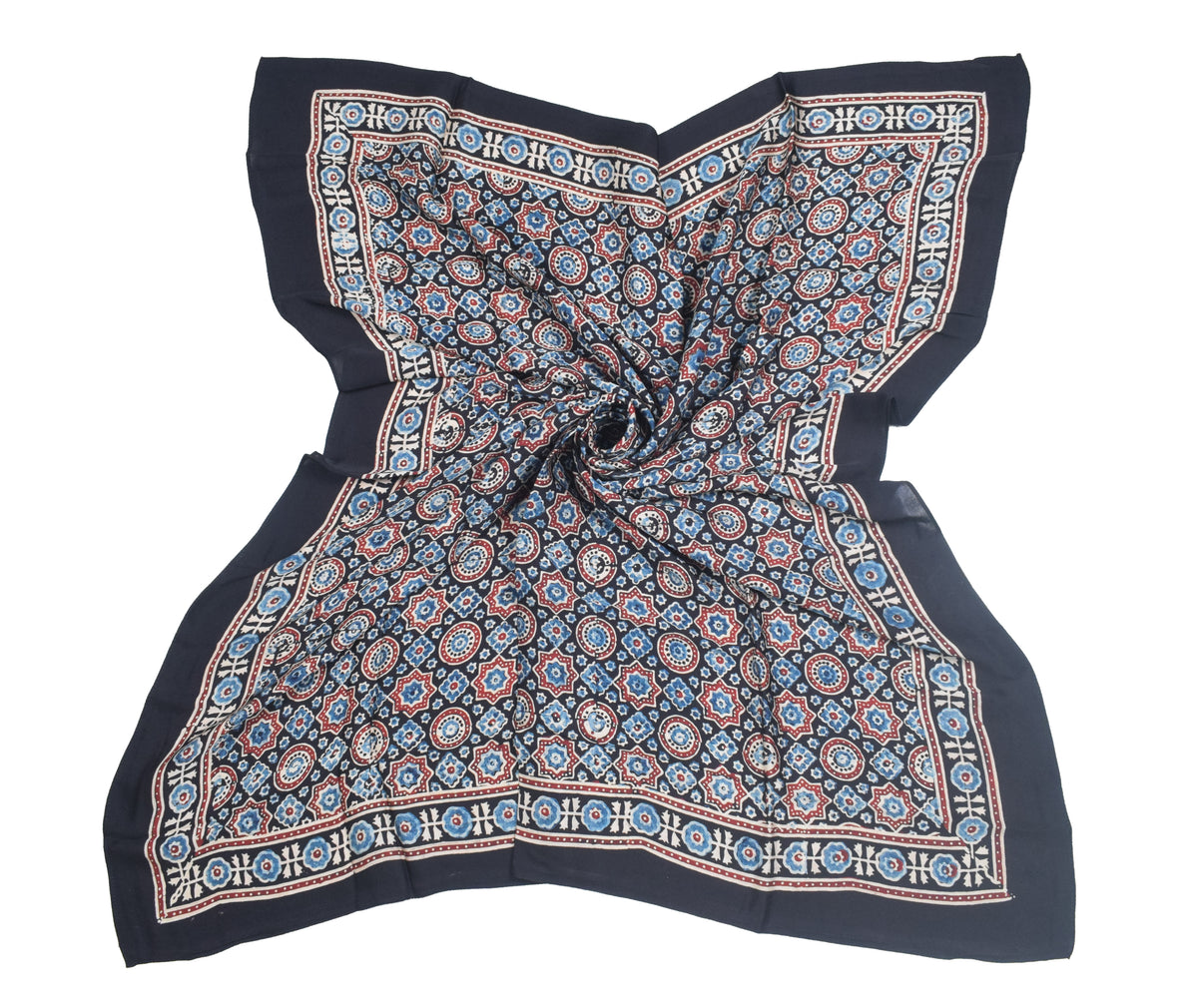 Ajrakh Modal Silk Natural Dye Three Colour Print | 3 Kam | Hand Block Print Scarf  - 1.1 Mtr Length   -  SKU : ID12A01A
