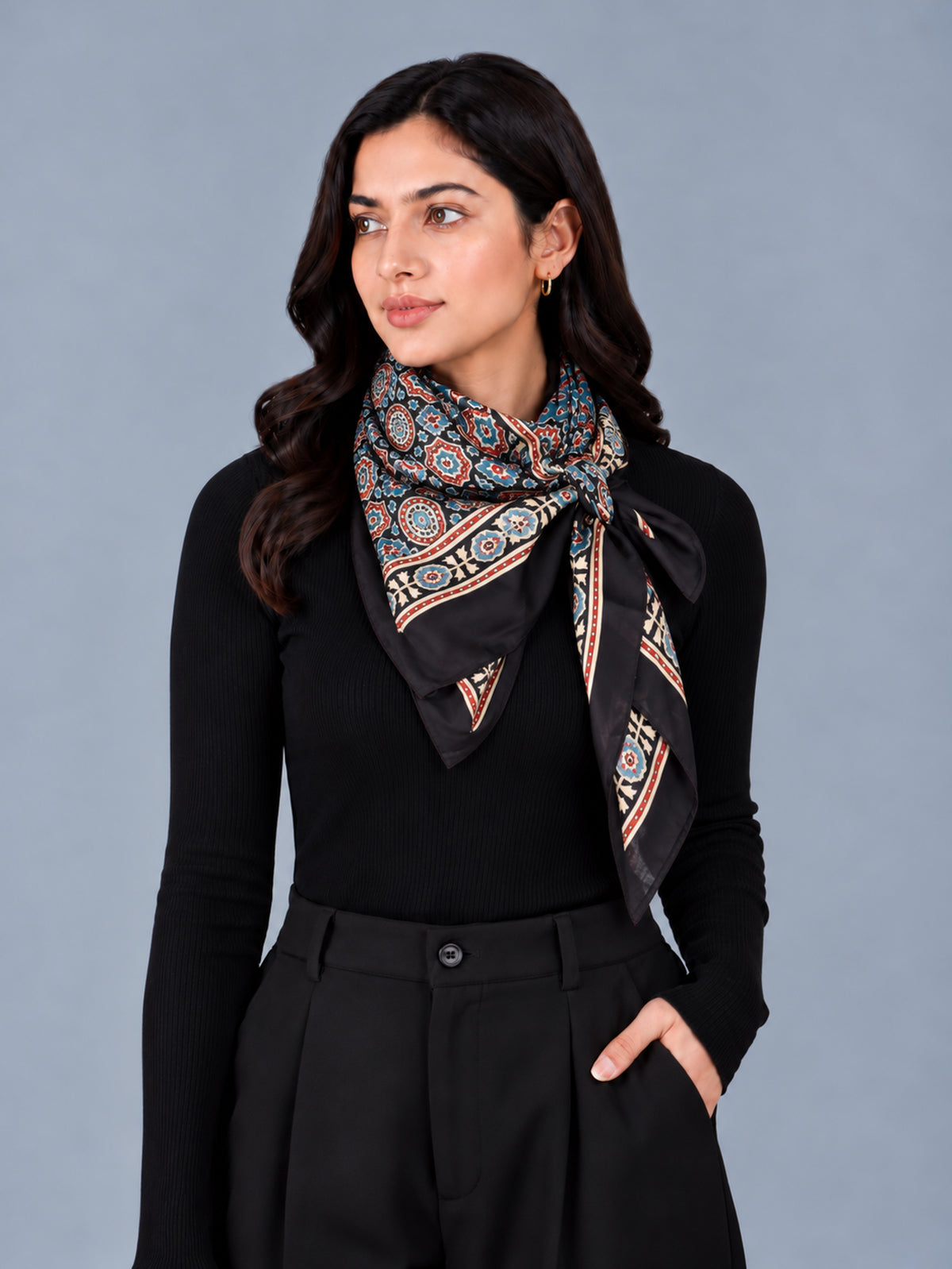 Ajrakh Modal Silk Natural Dye Three Colour Print | 3 Kam | Hand Block Print Scarf  - 1.1 Mtr Length   -  SKU : ID12A01A
