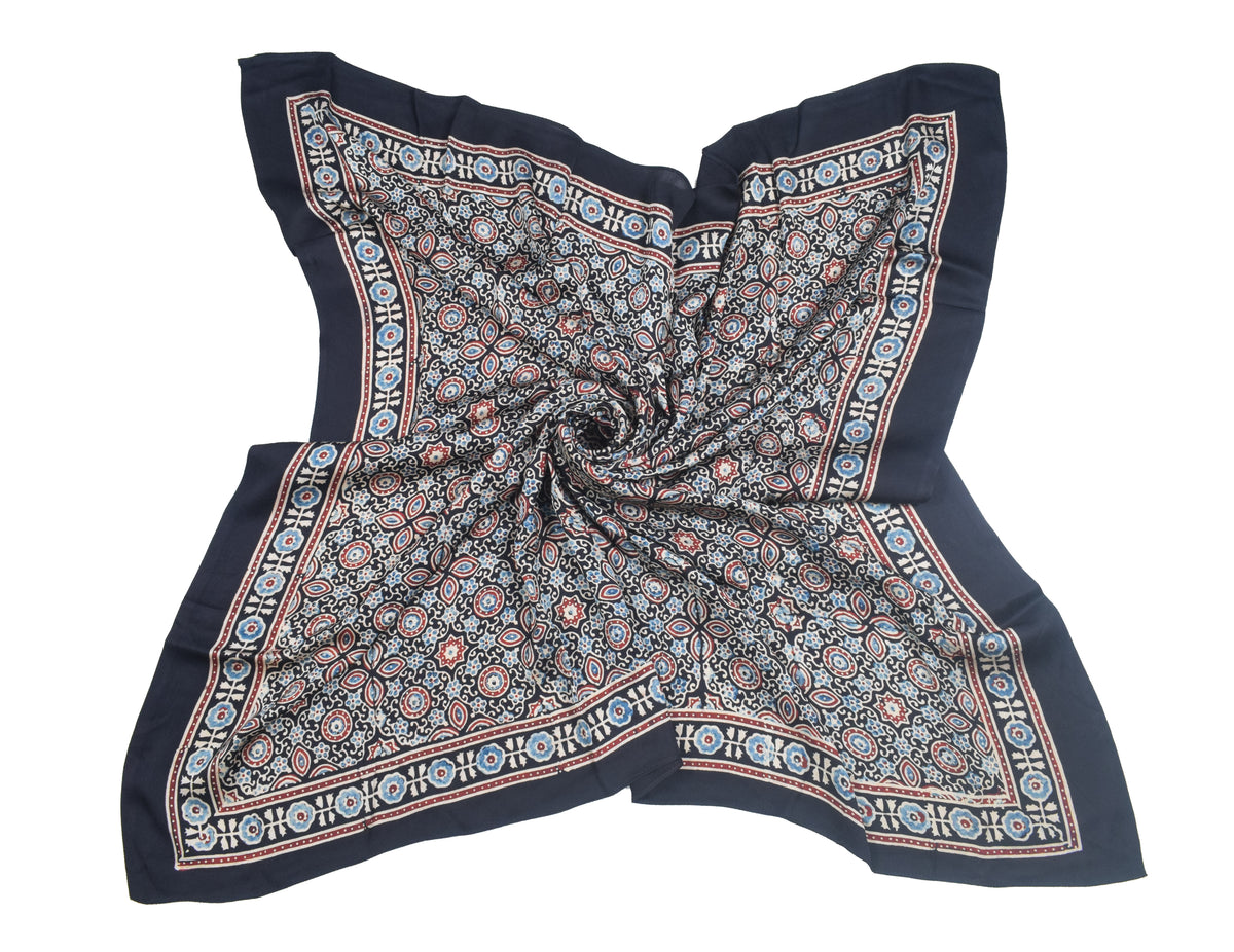 Ajrakh Modal Silk Natural Dye Three Colour Print | 3 Kam | Hand Block Print Scarf  - 1.1 Mtr Length   -  SKU : ID12A01E