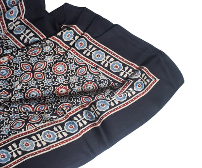 Ajrakh Modal Silk Natural Dye Three Colour Print | 3 Kam | Hand Block Print Scarf  - 1.1 Mtr Length   -  SKU : ID12A01E