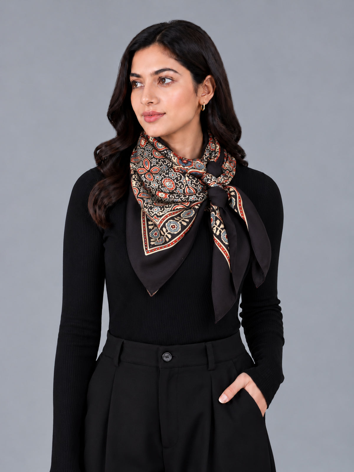 Ajrakh Modal Silk Natural Dye Three Colour Print | 3 Kam | Hand Block Print Scarf  - 1.1 Mtr Length   -  SKU : ID12A01E