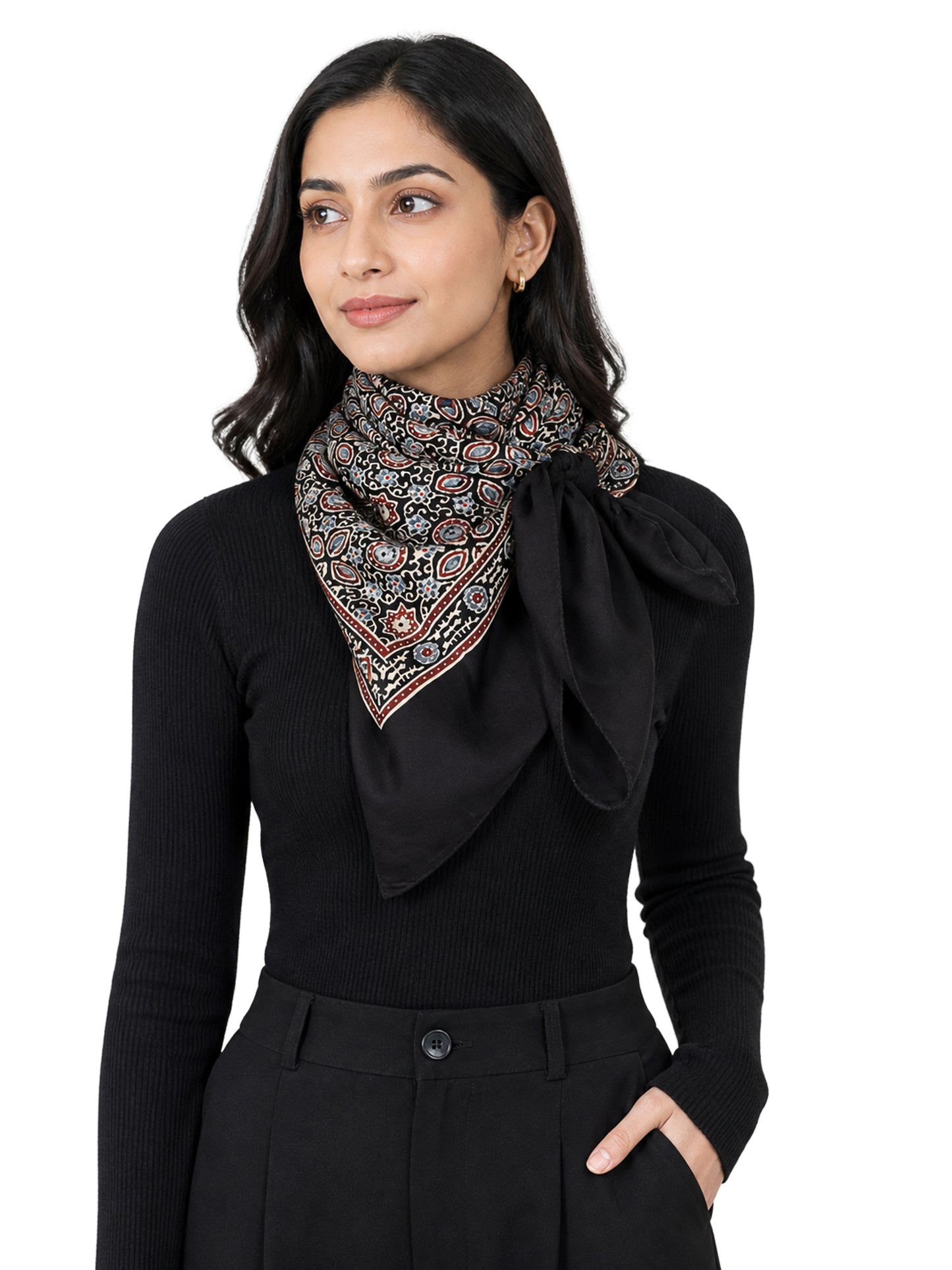 Ajrakh Modal Silk Natural Dye Three Colour Print ( 3 Kam ) Hand Block Print Scarf  - 1.1 Mtr Length   -  SKU : AI11302A