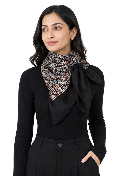 Ajrakh Modal Silk Natural Dye Three Colour Print ( 3 Kam ) Hand Block Print Scarf  - 1.1 Mtr Length   -  SKU : AI11302A