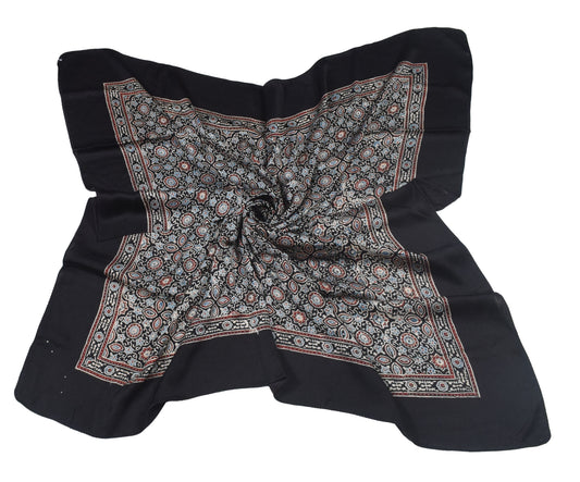 Ajrakh Modal Silk Natural Dye Three Colour Print ( 3 Kam ) Hand Block Print Scarf  - 1.1 Mtr Length   -  SKU : AI11302A