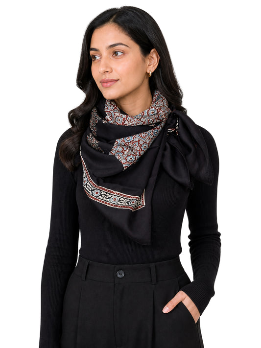 Ajrakh Modal Silk Natural Dye Three Colour Print ( 3 Kam ) Hand Block Print Scarf  - 1.1 Mtr Length   -  SKU : AI11302G