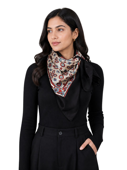 Ajrakh Modal Silk Natural Dye Three Colour Print ( 3 Kam ) Hand Block Print Scarf  - 1.1 Mtr Length   -  SKU : AI11302C