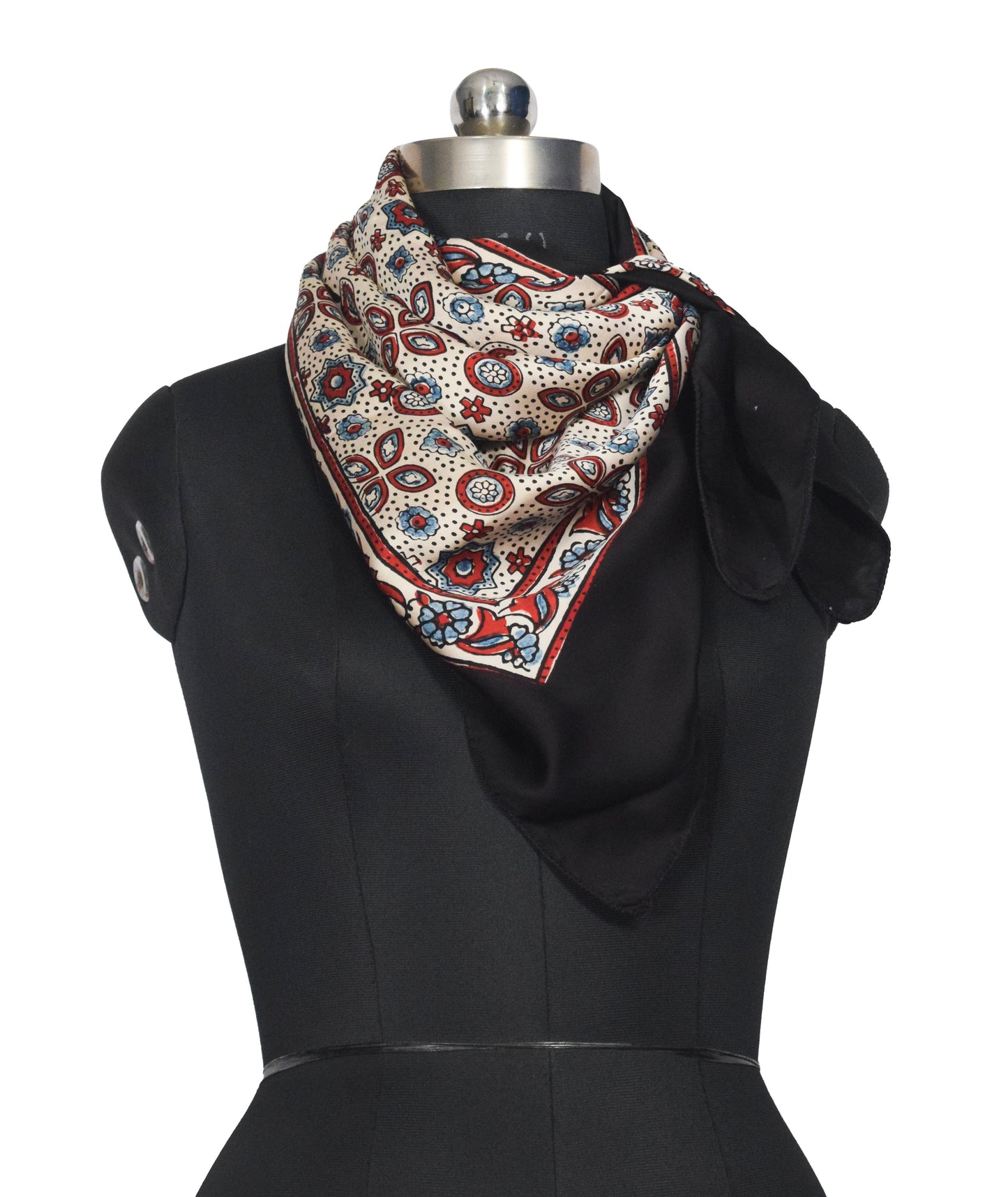 Ajrakh Modal Silk Natural Dye Three Colour Print ( 3 Kam ) Hand Block Print Scarf  - 1.1 Mtr Length   -  SKU : AI11302C