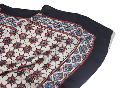 Ajrakh Modal Silk Natural Dye Three Colour Print | 3 Kam | Hand Block Print Scarf  - 1.1 Mtr Length   -  SKU : ID12A01D