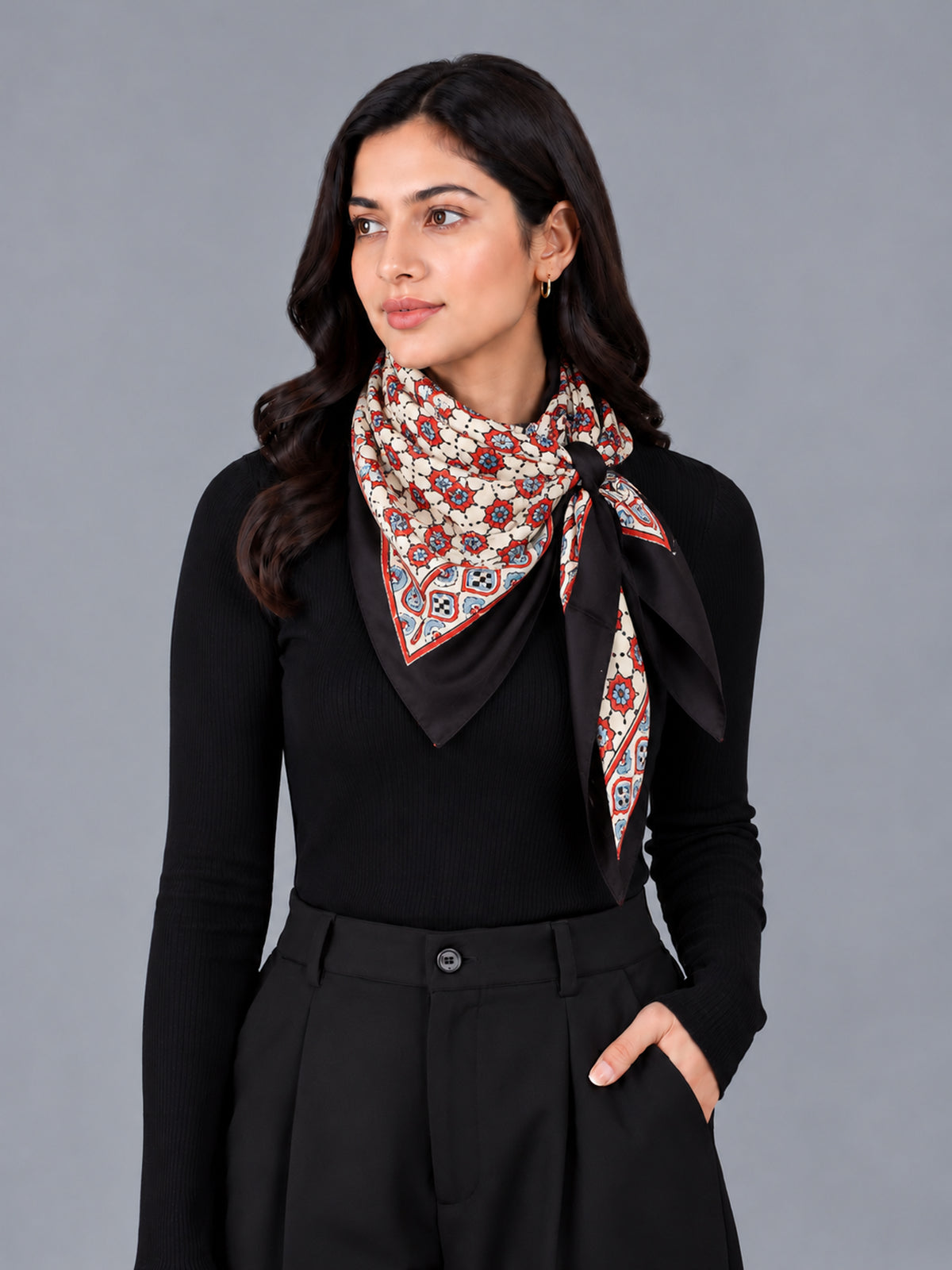 Ajrakh Modal Silk Natural Dye Three Colour Print | 3 Kam | Hand Block Print Scarf  - 1.1 Mtr Length   -  SKU : ID12A01D