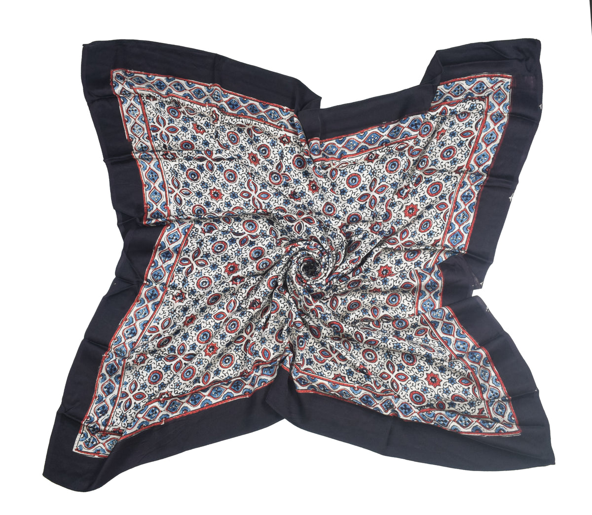 Ajrakh Modal Silk Natural Dye Three Colour Print | 3 Kam | Hand Block Print Scarf  - 1.1 Mtr Length   -  SKU : ID12A01H