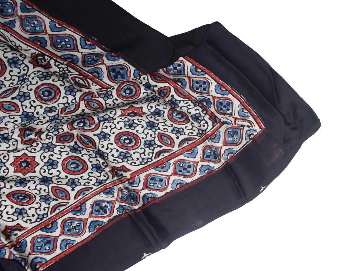 Ajrakh Modal Silk Natural Dye Three Colour Print | 3 Kam | Hand Block Print Scarf  - 1.1 Mtr Length   -  SKU : ID12A01H
