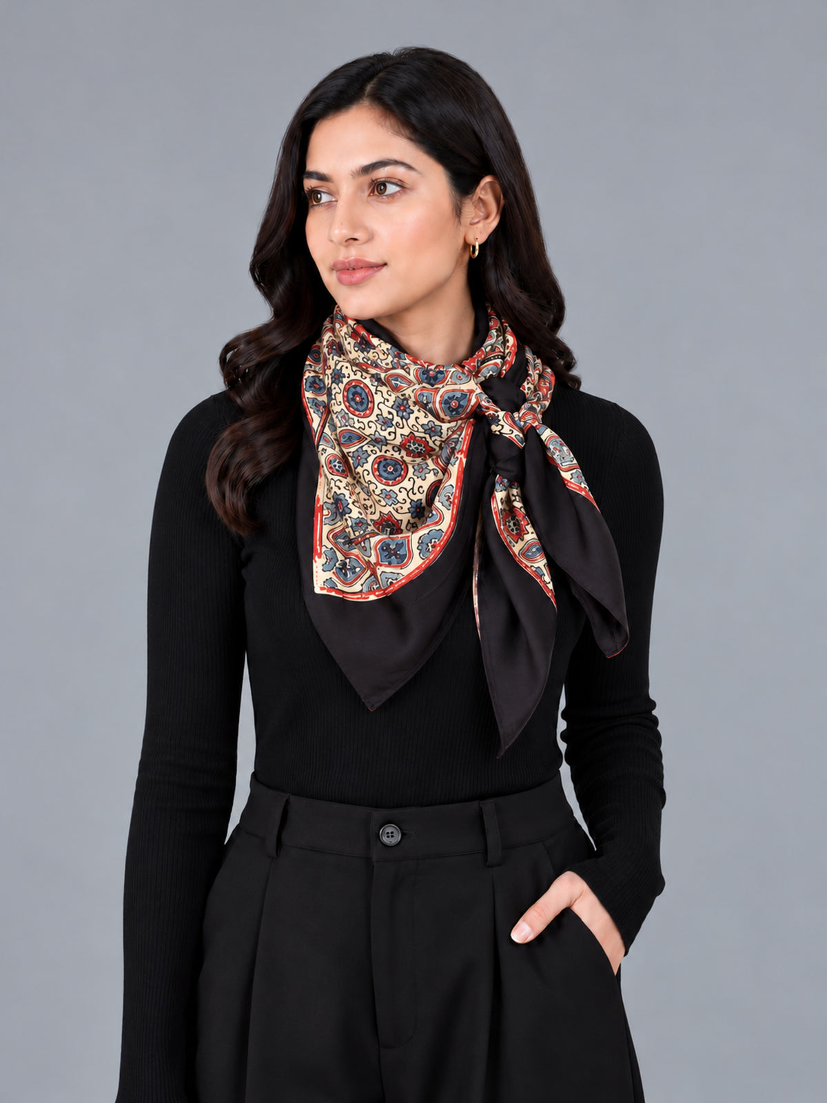 Ajrakh Modal Silk Natural Dye Three Colour Print | 3 Kam | Hand Block Print Scarf  - 1.1 Mtr Length   -  SKU : ID12A01H