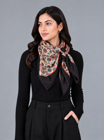 Ajrakh Modal Silk Natural Dye Three Colour Print | 3 Kam | Hand Block Print Scarf  - 1.1 Mtr Length   -  SKU : ID12A01H