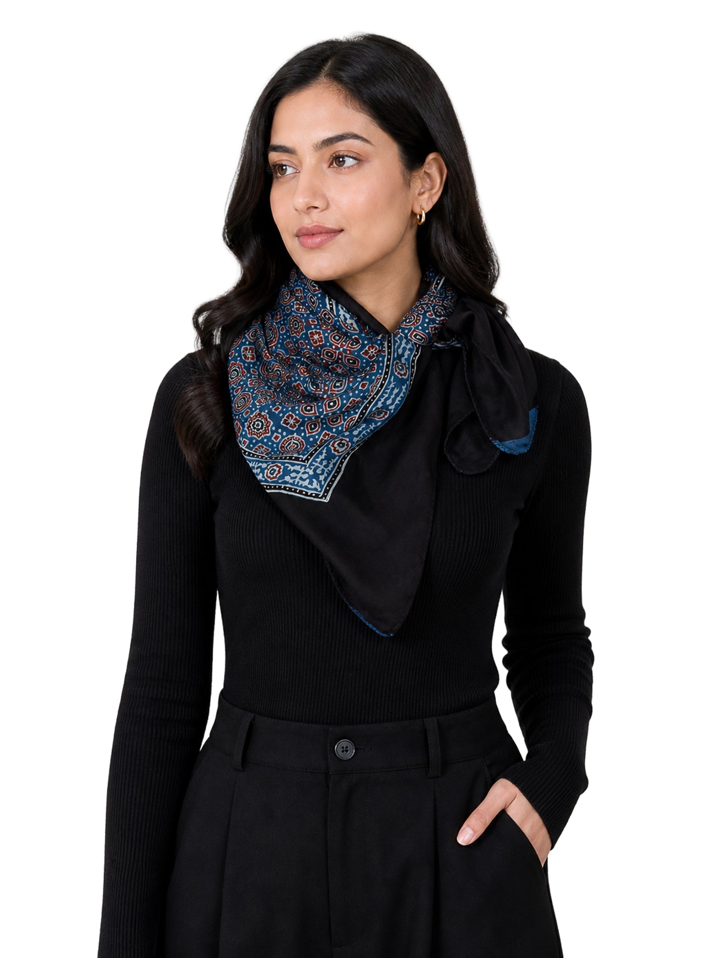 Ajrakh Modal Silk Natural Dye Three Colour Print ( 3 Kam ) Hand Block Print Scarf  - 1.1 Mtr Length   -  SKU : AI11302E