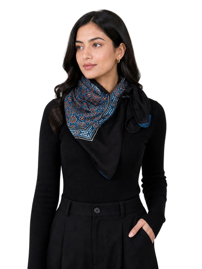 Ajrakh Modal Silk Natural Dye Three Colour Print ( 3 Kam ) Hand Block Print Scarf  - 1.1 Mtr Length   -  SKU : AI11302E