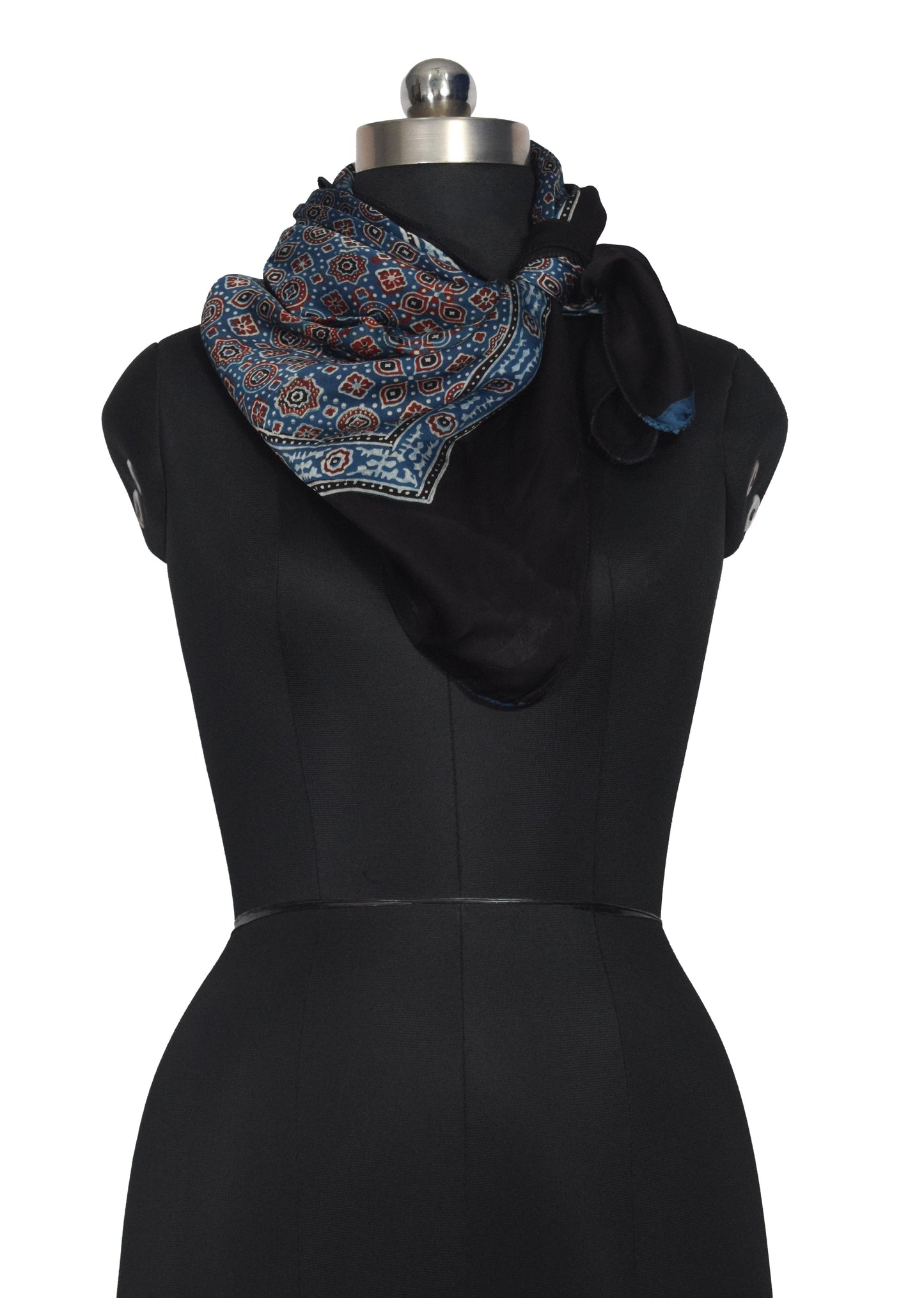 Ajrakh Modal Silk Natural Dye Three Colour Print ( 3 Kam ) Hand Block Print Scarf  - 1.1 Mtr Length   -  SKU : AI11302E