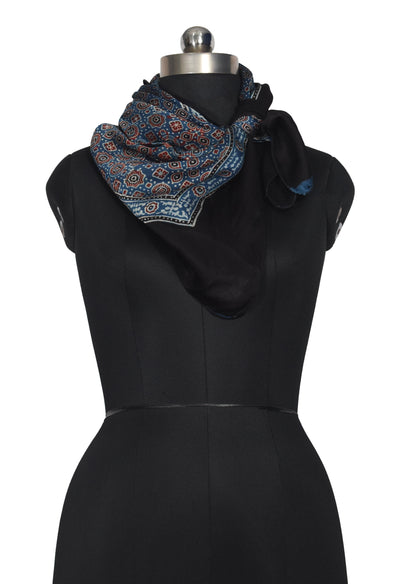 Ajrakh Modal Silk Natural Dye Three Colour Print ( 3 Kam ) Hand Block Print Scarf  - 1.1 Mtr Length   -  SKU : AI11302E