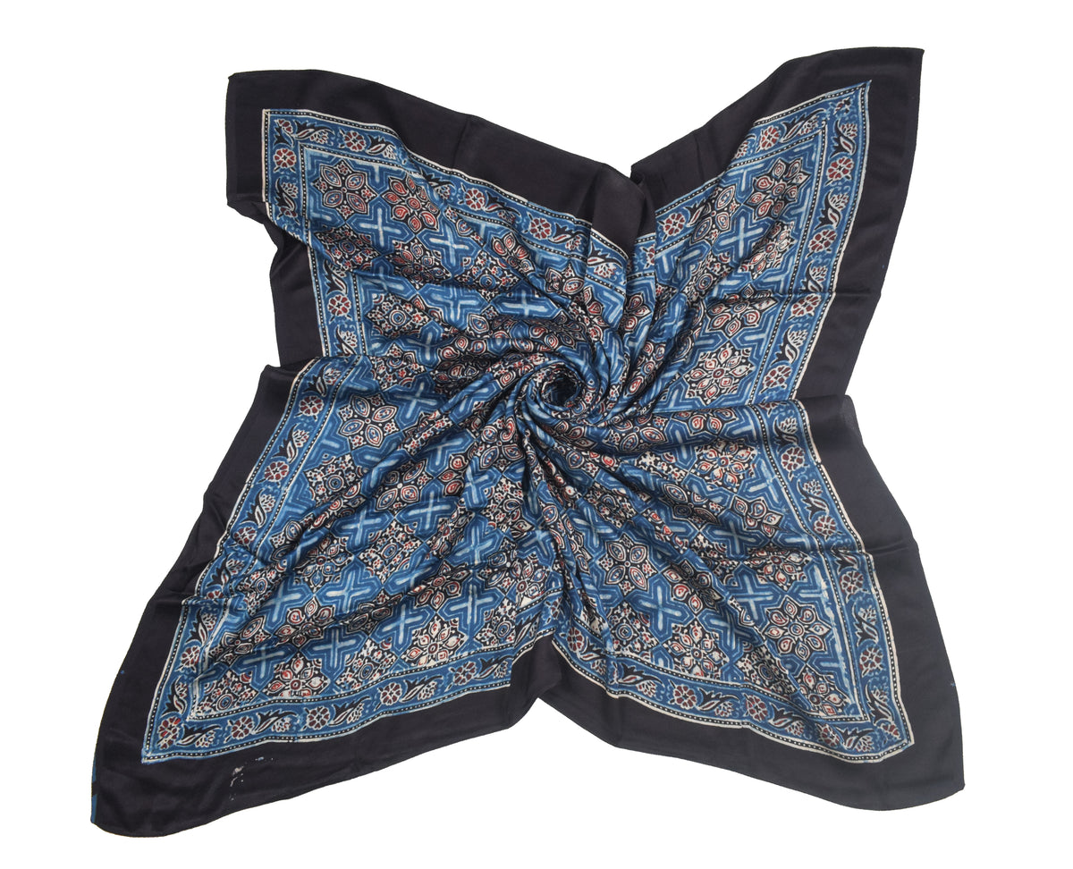Ajrakh Modal Silk Natural Dye Three Colour Print | 3 Kam | Hand Block Print Scarf  - 1.1 Mtr Length   -  SKU : ID12A01B