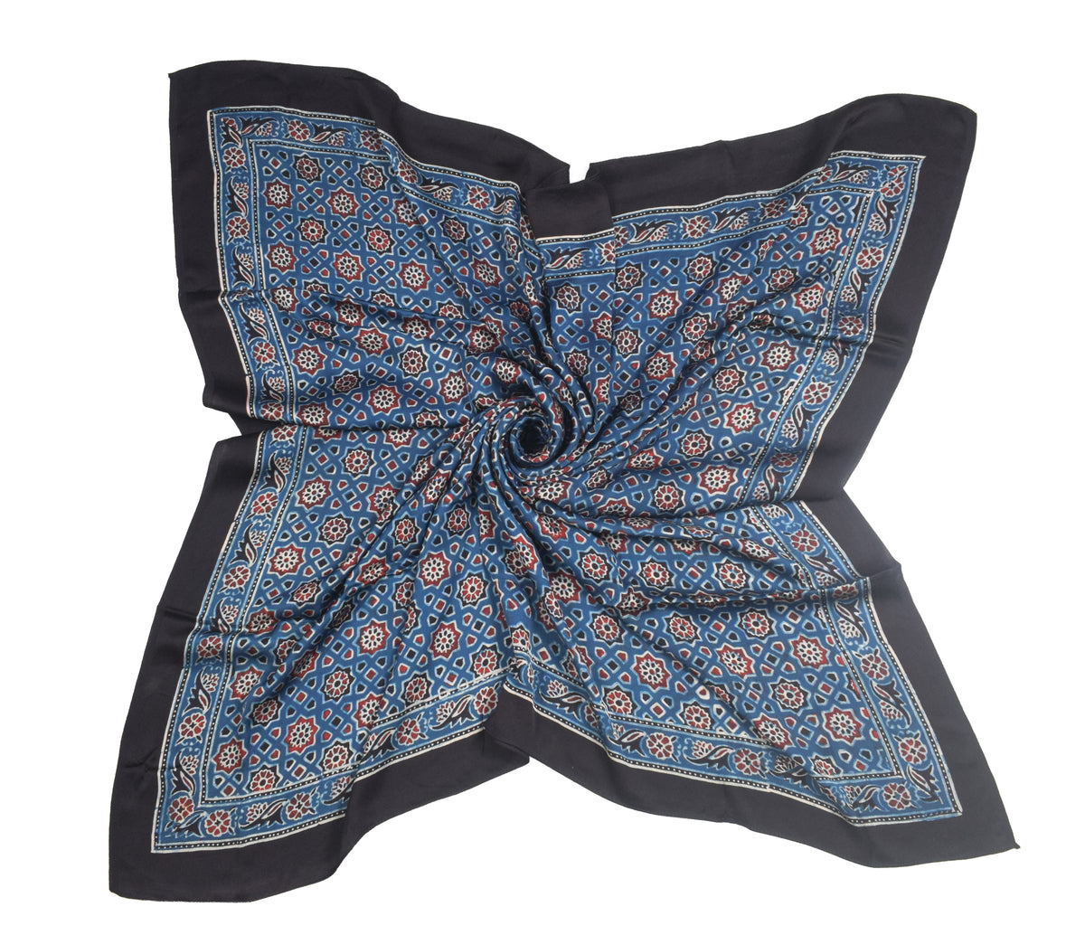 Ajrakh Modal Silk Natural Dye Three Colour Print | 3 Kam | Hand Block Print Scarf  - 1.1 Mtr Length   -  SKU : ID12A01F