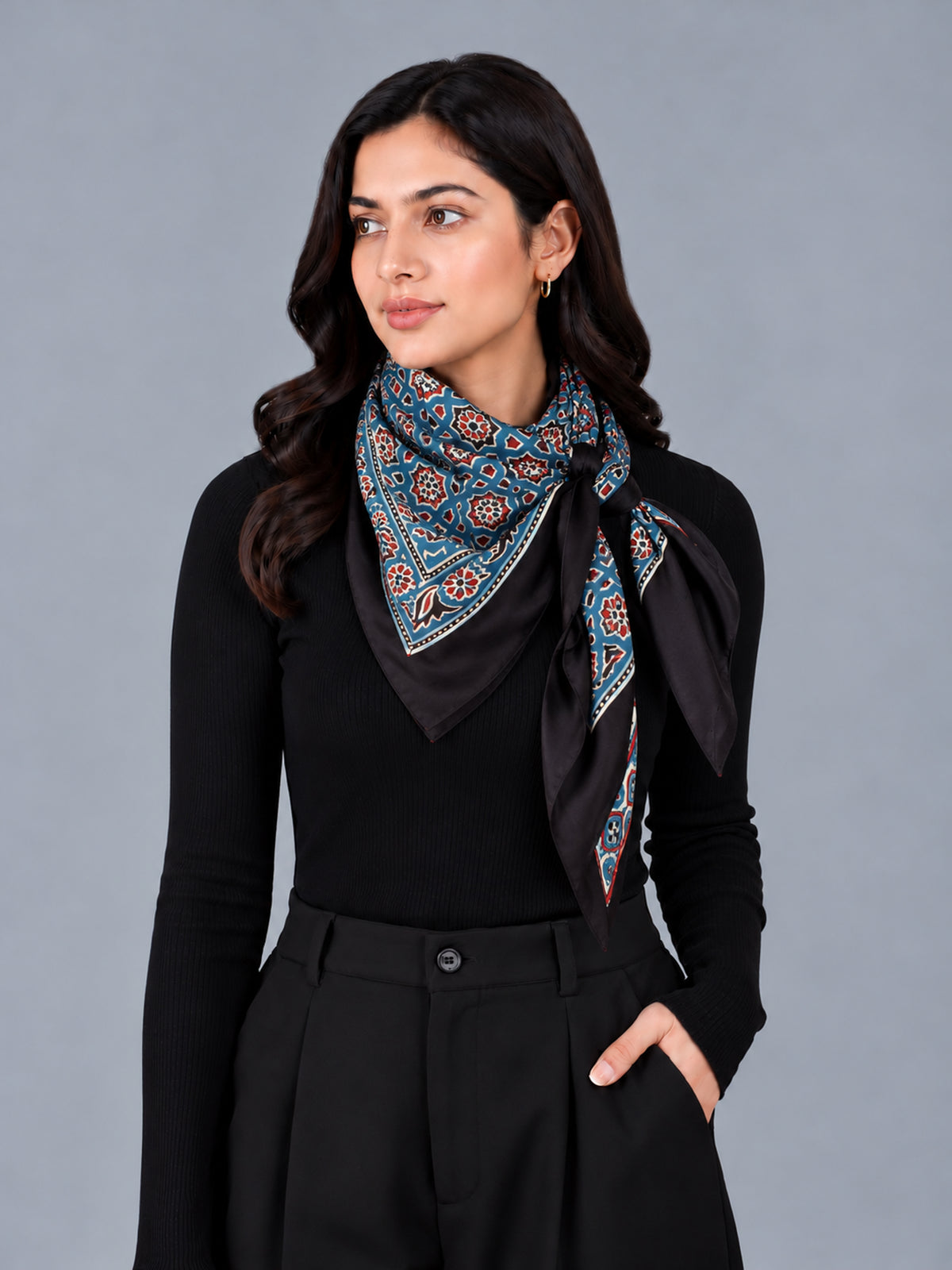 Ajrakh Modal Silk Natural Dye Three Colour Print | 3 Kam | Hand Block Print Scarf  - 1.1 Mtr Length   -  SKU : ID12A01F