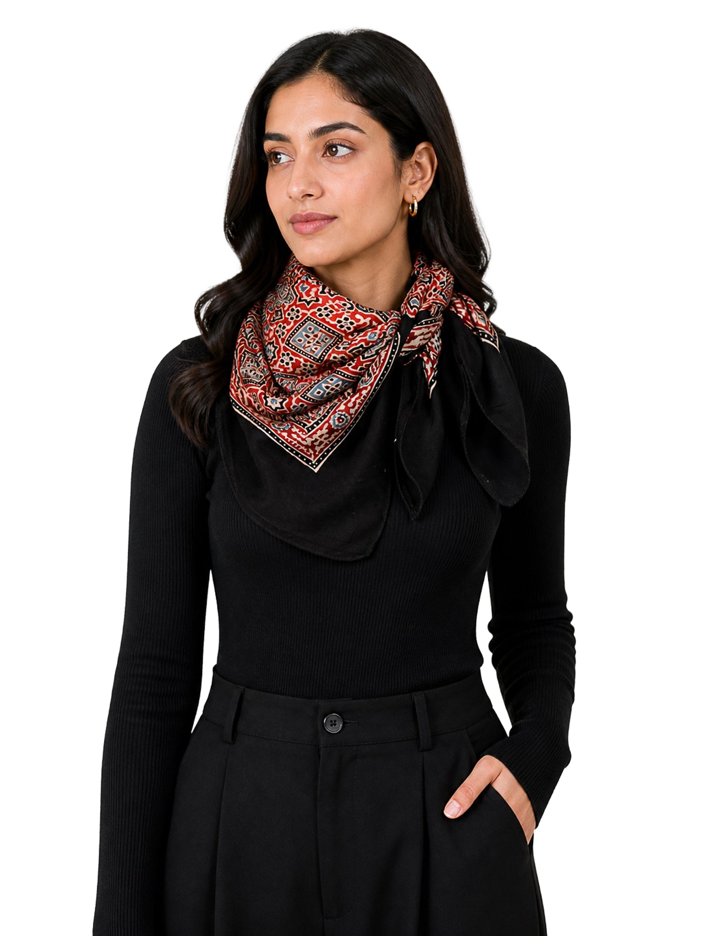 Ajrakh Modal Silk Natural Dye Three Colour Print ( 3 Kam ) Hand Block Print Scarf  - 1.1 Mtr Length   -  SKU : AI11302D