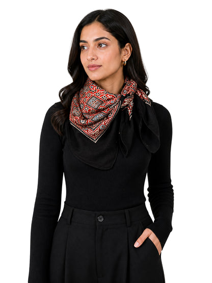 Ajrakh Modal Silk Natural Dye Three Colour Print ( 3 Kam ) Hand Block Print Scarf  - 1.1 Mtr Length   -  SKU : AI11302D