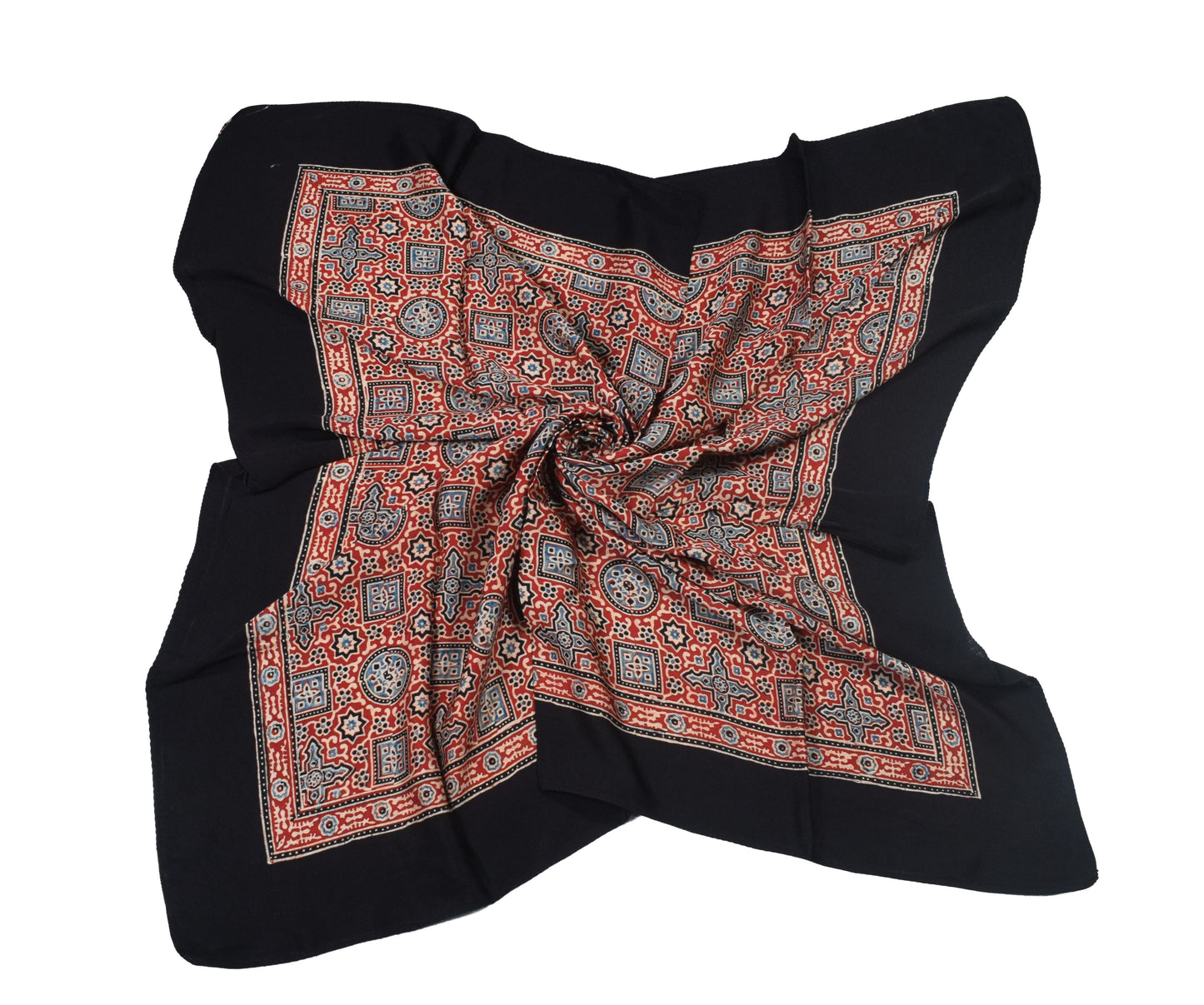 Ajrakh Modal Silk Natural Dye Three Colour Print ( 3 Kam ) Hand Block Print Scarf  - 1.1 Mtr Length   -  SKU : AI11302D